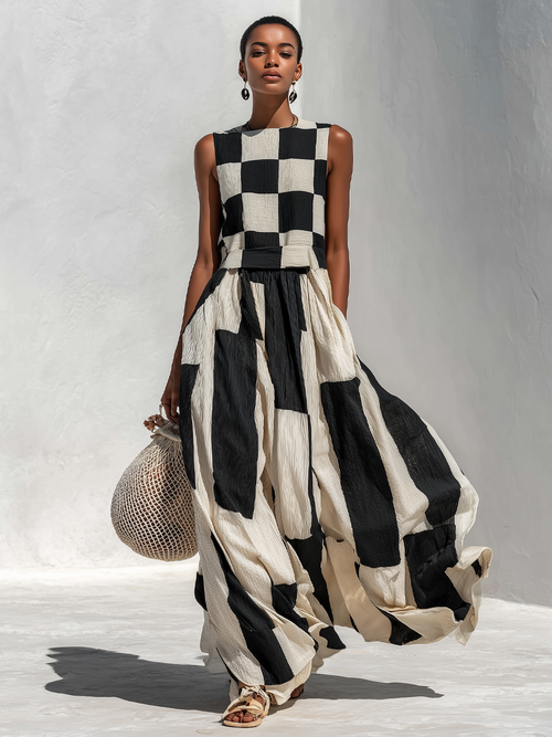 Ardenne™ | Plaid and Stripe Paneling Sleeveless Maxi Dress