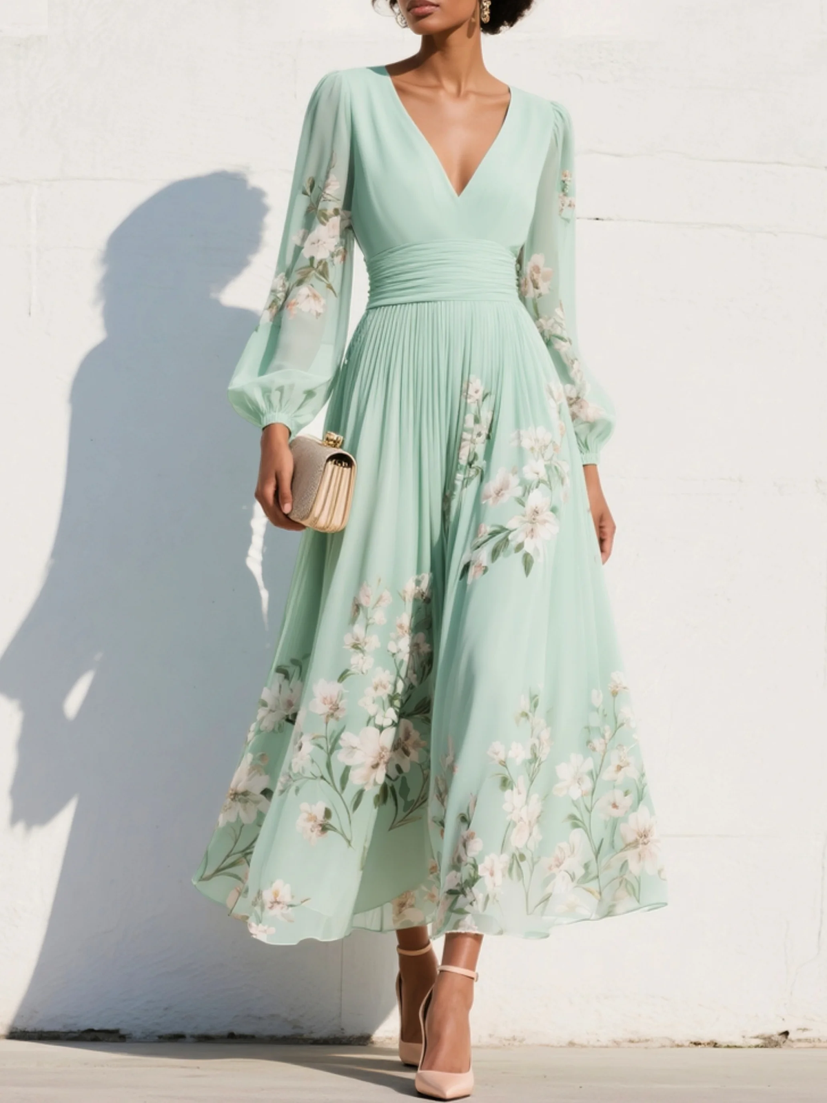 Mathilda - Elegant Mint Green Floral Midi Dress