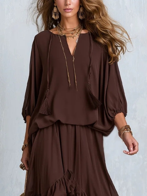 Brown Chiffon Tassel Drawstring Top With A Ruffled Layered Skirt