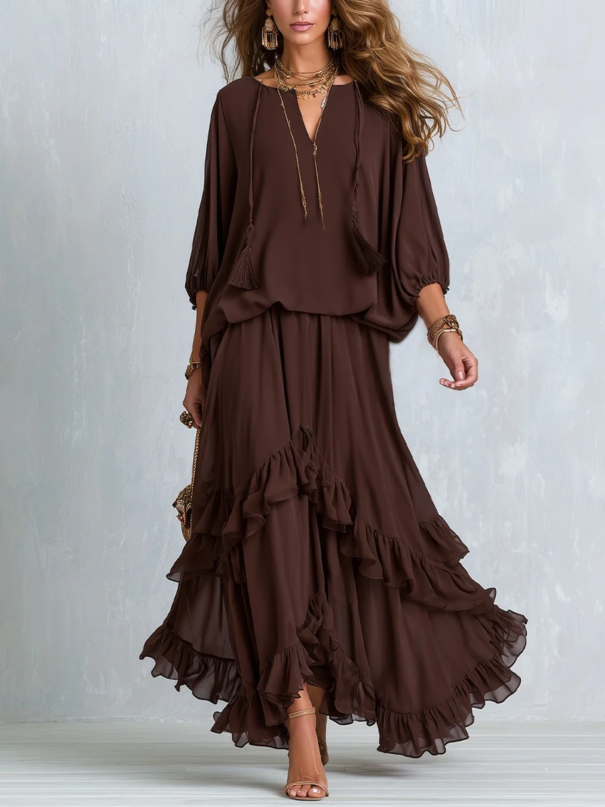 Brown Chiffon Tassel Drawstring Top With A Ruffled Layered Skirt