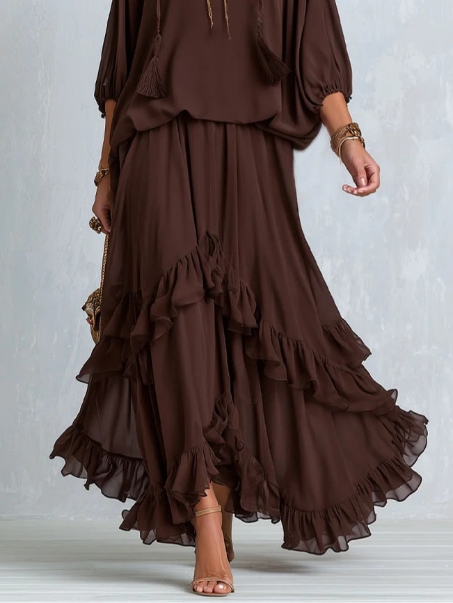Brown Chiffon Tassel Drawstring Top With A Ruffled Layered Skirt