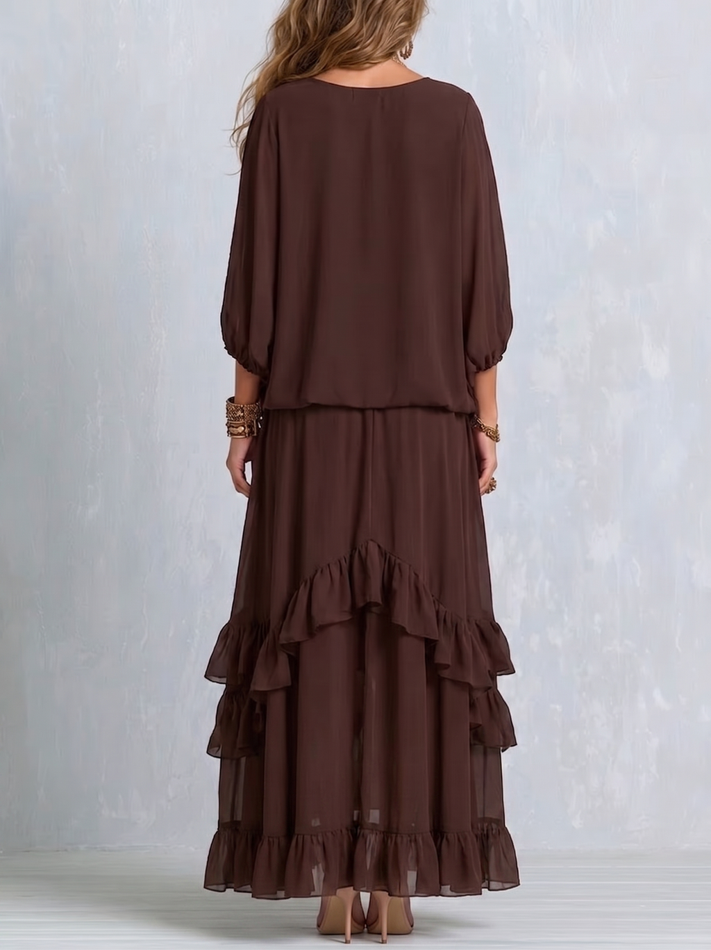 Brown Chiffon Tassel Drawstring Top With A Ruffled Layered Skirt
